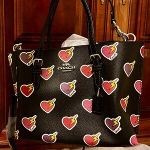 COACH CW435 Mollie Tote Bag 25 Heart Bolt Print Coated Canvas Black NWT MSRP$378